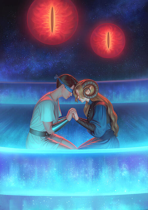 Blind Chaos 4: War & Worship Blind Chaos 4: War & Worship's cover with typesetting. The art is by Nozomi Matsuoka and depicts Ranthia and Avyna. They're kneeling, face-to-face, aboard what appears to be a vessel painted out of starlight, high in the sky.