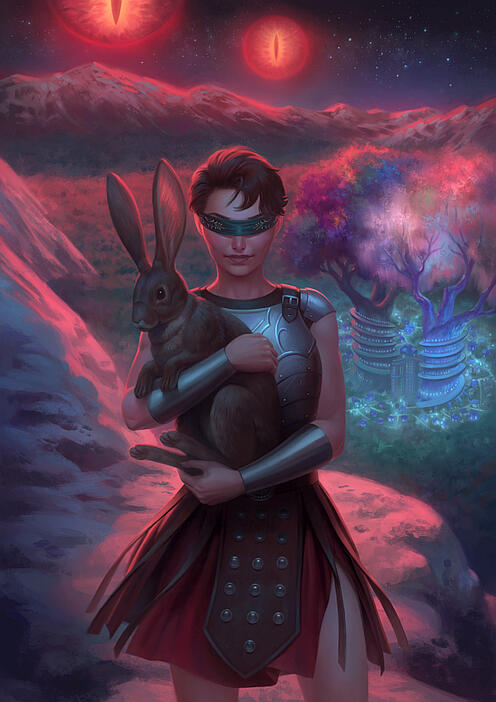Blind Chaos 5: Bestial Arts Blind Chaos 5: Bestial Arts's cover with typesetting. The art is by Nozomi Matsuoka and depicts Ranthia, holding a rather large bunny. They are up on a snow-covered mountain, overlooking a magical city surrounded by a forest.