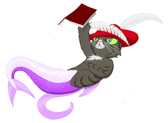 CrimCat A very life-like portrait of the author, drawn by Pennytail. The author floats on their back, surrounded by bubbles. Their purple mertail (complete with cat tail fin) is leisurely curled, while their tabby paw holds a quill to write in a book.