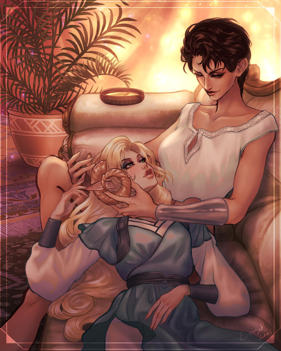 Eveninglight by Evanyell A digital painting by Evanyell of Ranthia and Avyna (a scene from Blind Chaos, book 4). A quiet, intimate moment while Ranthia carefully 'massages' Avyna's horns with oil, while they get lost in one another.